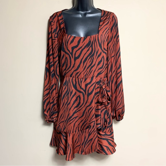 Express Rust Orange Zebra Print Ruffle Dress - Picture 1 of 10